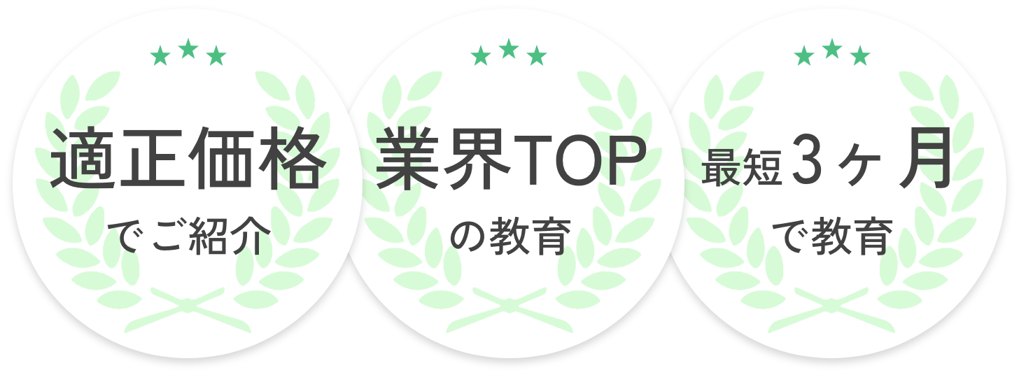 適正価格でご紹介・業界TOPの教育・最短3ヶ月で教育